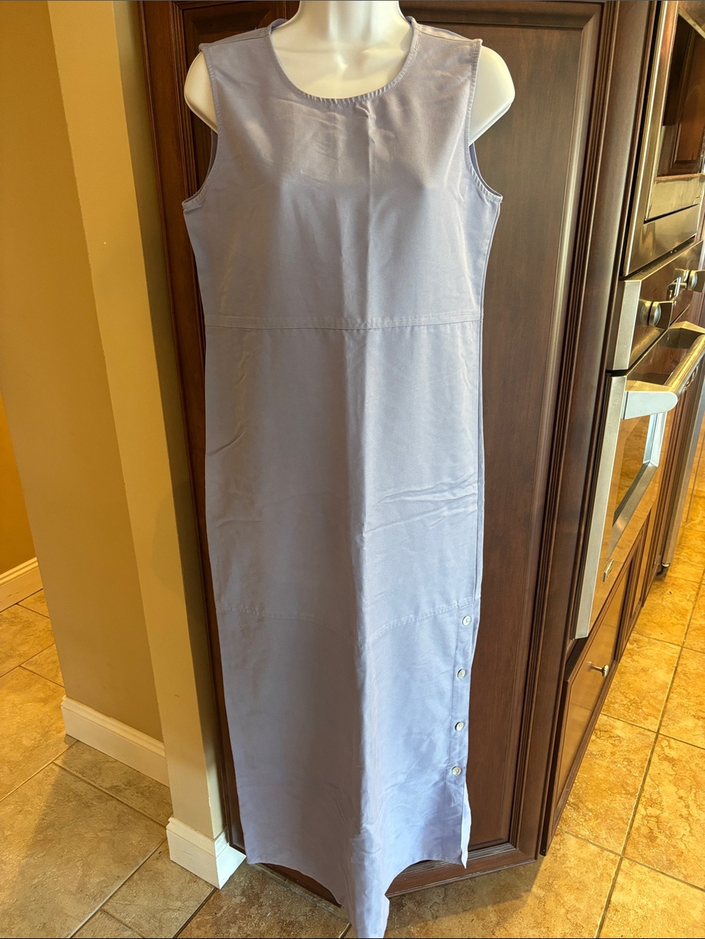 Vintage Sleeveless Powder Blue Maxi Dress with Side Button Accents